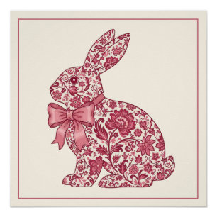 Rosa und cremefarbener Chinoiserie-Osterhase Poster