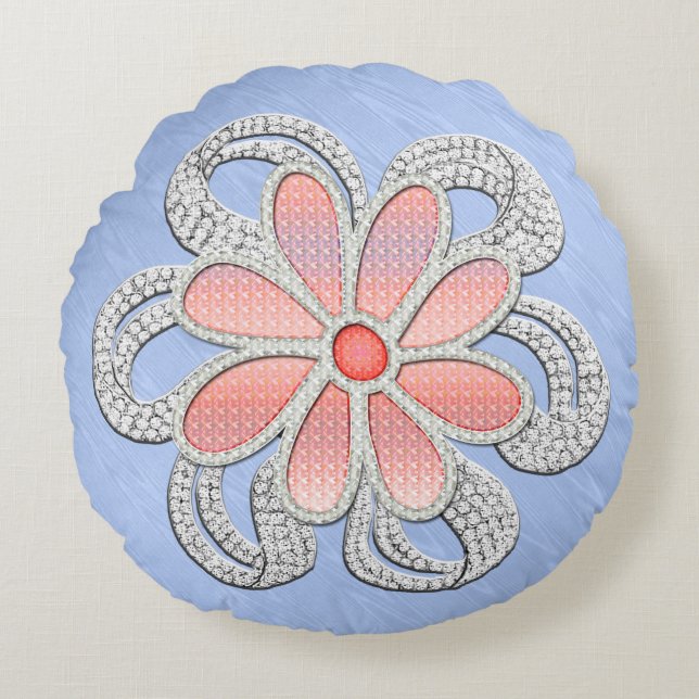 Rosa und Diamond-Jewelen-Blume auf Blue Moiré Rundes Kissen (Vorderseite)