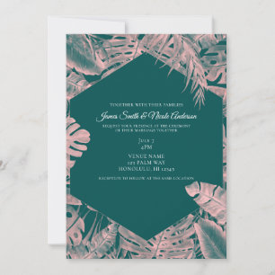 Rosa und dunkelcyan tropische Palmwedel Hochzeit Einladung
