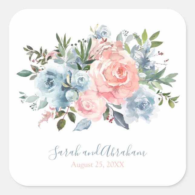 Rosa und dusty bläuliche Rose Hochzeitsplatz Quadratischer Aufkleber (Vorderseite)