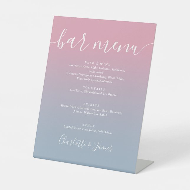 Rosa und dusty Blue Ombre Script Wedding Bar Menu Sockelschild (Vorderseite)