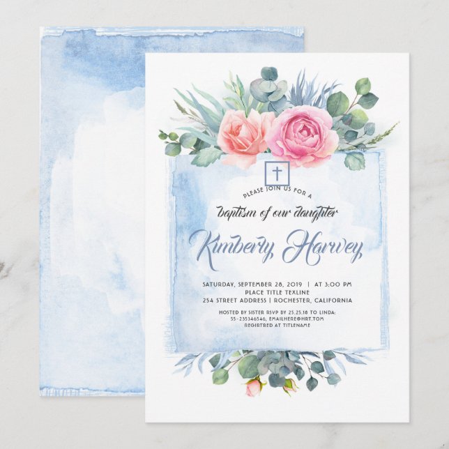 Rosa und dutzige blaue Blume Elegante Taufe Einladung (Vorne/Hinten)