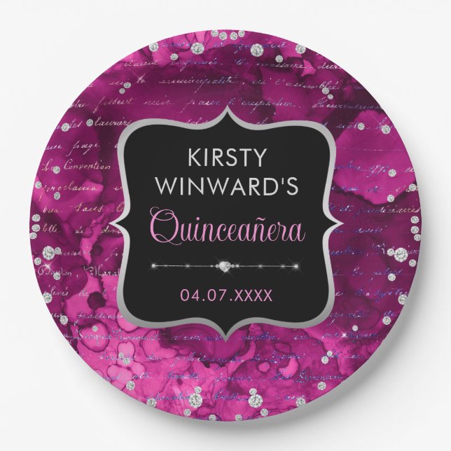 Rosa und eiternde Glitzer Buchstaben Quinceanera Pappteller (Vorderseite)