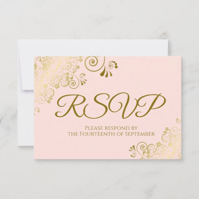 Rosa und elegante Goldcurls Hochzeit RSVP Karte (Vorderseite)