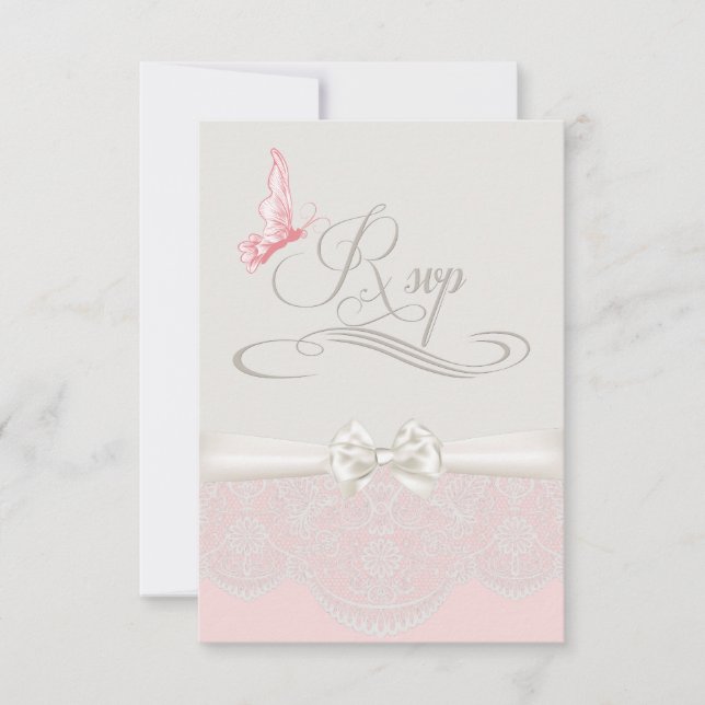 Rosa und Elfenbeinschmetterlinge und Spitzen-UAWG RSVP Karte (Vorderseite)