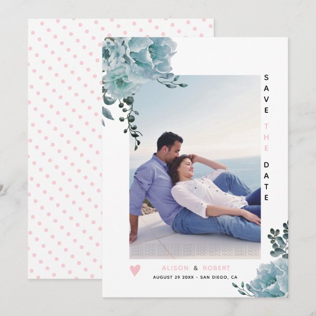 Rosa und Foto blauen Blume Save The Date (Vorne/Hinten)