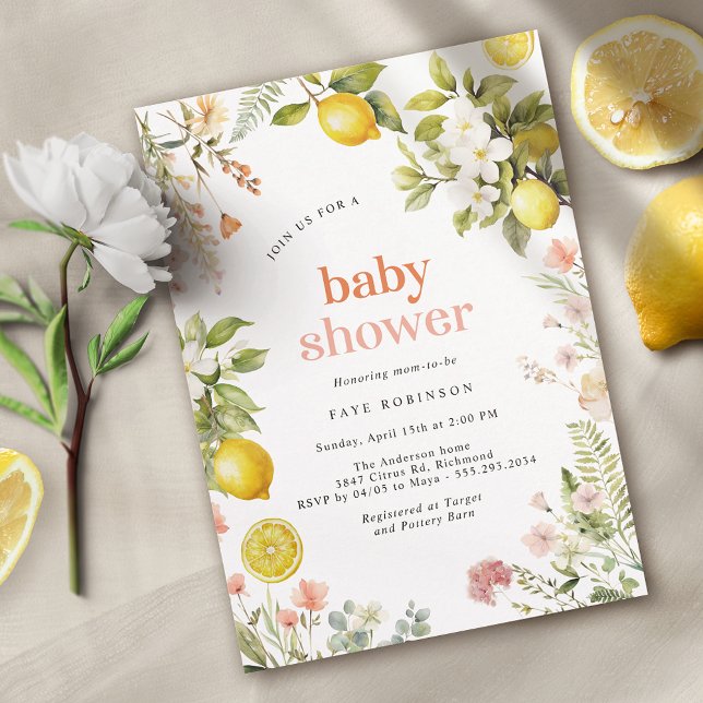 Rosa und Gelb | Floral Lemon Citrus Babydusche Einladung (Von Creator hochgeladen)