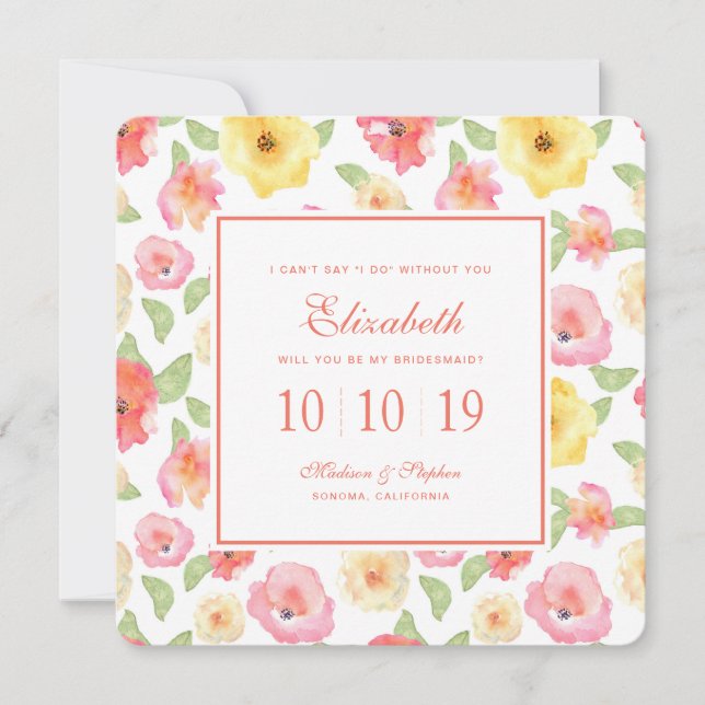 Rosa und Gelb Floral Wasserfarbe - Braun Einladung (Vorderseite)