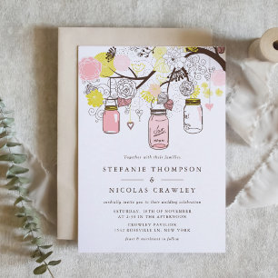 Rosa und gelb hängende Mason Jars Hochzeit Einladung