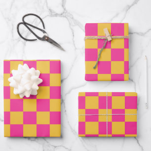 Rosa und Gelb Karo Geschenkpapier Set