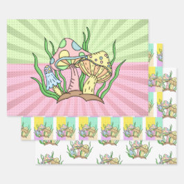 Rosa und gelb Retro Pop Mushroom Geburtstag Geschenkpapier Set
