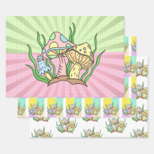 Rosa und gelb Retro Pop Mushroom Geburtstag Geschenkpapier Set
