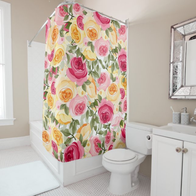 Rosa und Gelb Rosen Bauernhof Shabby Chic Blumen Duschvorhang (Beispiel)