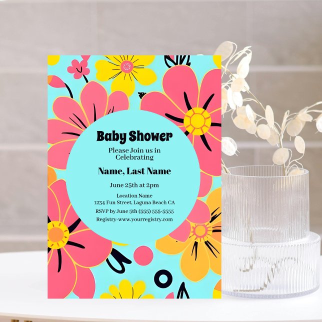 Rosa- und Gelbblüten auf Sky Blue Dopamin Style Einladung (Pink & Yellow Blossoms on Sky Blue- Dopamine Style Invitation)