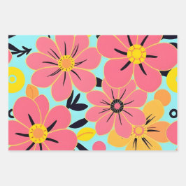 Rosa- und Gelbblüten auf Sky Blue - Dopamin Style Geschenkpapier Set