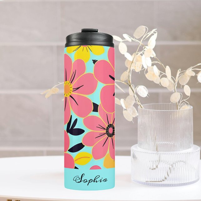 Rosa- und Gelbblüten auf Sky Blue Dopamin Style Thermosbecher (Pink & Yellow Blossoms on Sky Blue- Dopamine Style Thermal Tumbler)