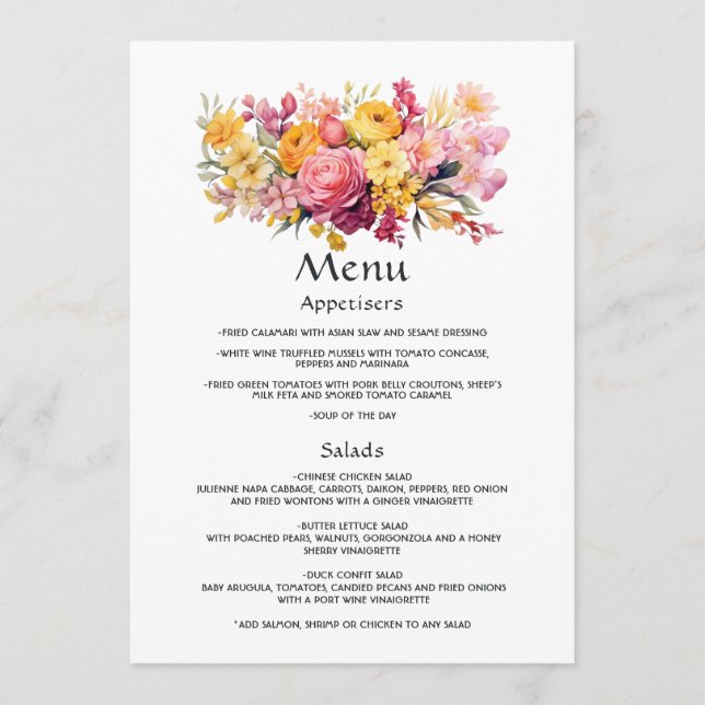 Rosa- und Gelbblütenhochzeit Menükarte (Vorderseite)