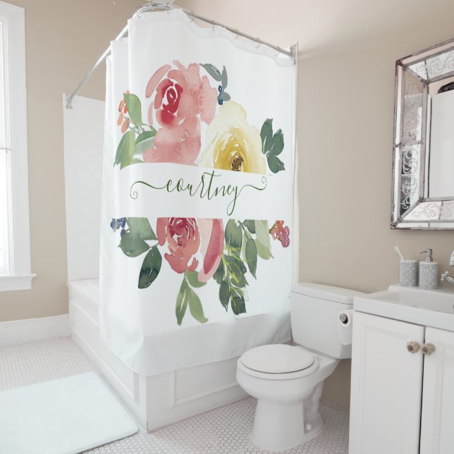 Rosa und gelbe Aquarellblumen personalisiert Duschvorhang (Beispiel)