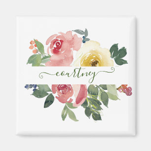 Rosa und gelbe Aquarellblumen personalisiert Magnet