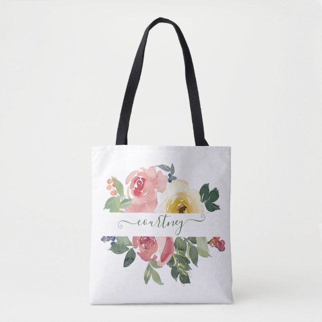Rosa und gelbe Aquarellblumen personalisiert Tasche (Vorderseite)