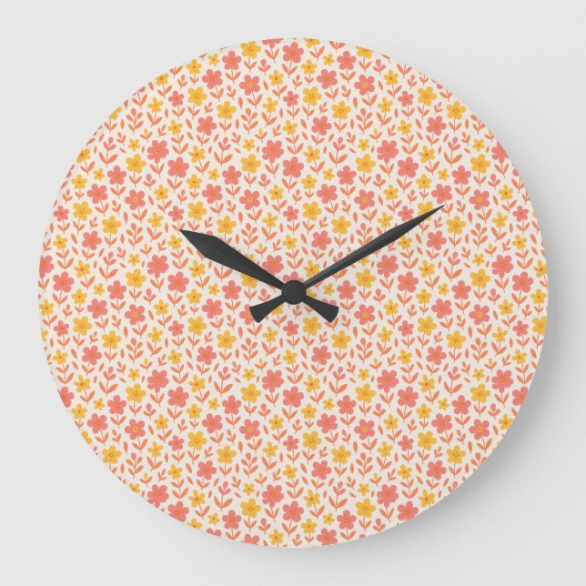 Rosa und gelbe Blume Große Wanduhr (Vorderseite)