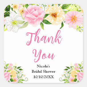 Rosa und gelbe Blumen Brautparty Danke Quadratischer Aufkleber