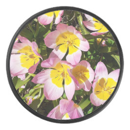 Rosa und gelbe Blumen Eishockey Puck