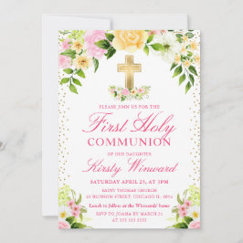 Rosa und gelbe Blumen Erste Heilige Kommune Einladung