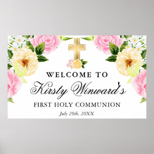 Rosa und gelbe Blumen Erste heilige Kommunion Poster