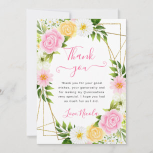 Rosa und gelbe Blumen Goldrahmen Quinceanera Dankeskarte
