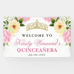 Rosa und gelbe Blumen heißen Quinceanera willkomme Banner