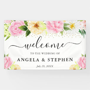 Rosa und gelbe Blumen Hochzeitsbegrüßung Banner