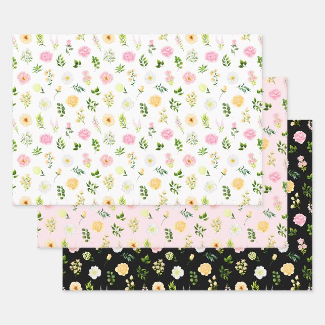 Rosa und gelbe Blumen mit Blattmuster Geschenkpapier Set (Set)