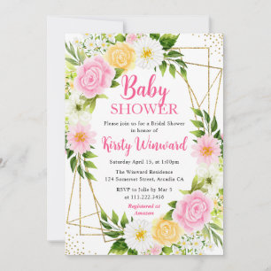 Rosa und gelbe Blumen und goldener Rahmen Baby Sho Einladung
