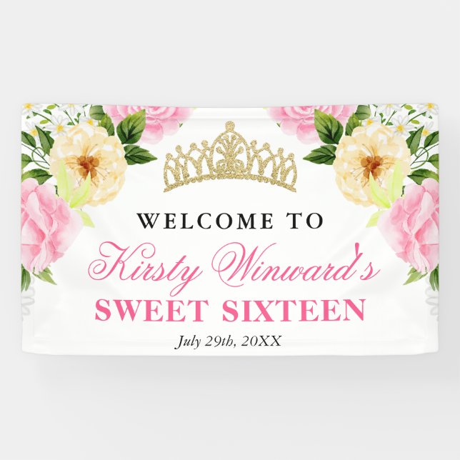 Rosa und gelbe Blumen - Willkommen in 16 . Geburts Banner (Horizontal)