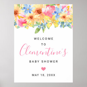 Rosa und Gelbe Blumige Hochzeitsdusche Begrüßung Poster
