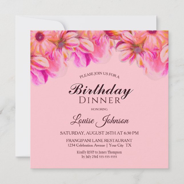 Rosa und gelbe Blüte Geburtstag Abendessen Party Einladung (Vorderseite)