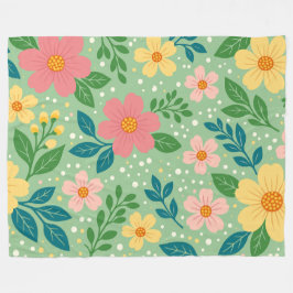 Rosa und gelbe Blüten mit grünen und blauen Blätte Fleecedecke