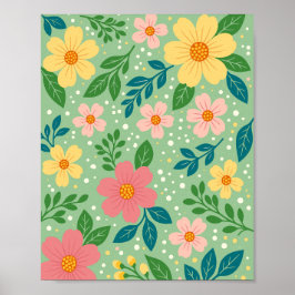 Rosa und gelbe Blüten mit grünen und blauen Blätte Poster