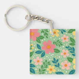 Rosa und gelbe Blüten mit grünen und blauen Blätte Schlüsselanhänger