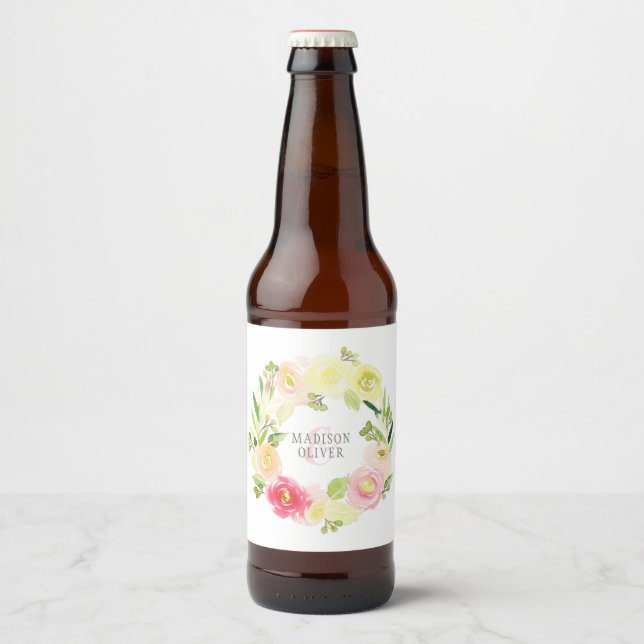 Rosa und gelbe Blütenfarbe | Hochzeit Bierflaschenetikett (Vorderseite)