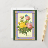Rosa und gelbe botanische Rose Leere Postkarte