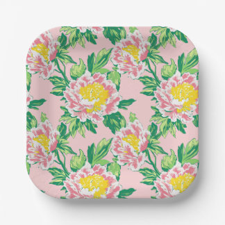 Rosa und gelbe Chinoiserie Blumen Pappteller
