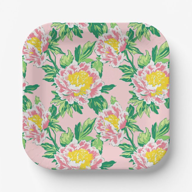 Rosa und gelbe Chinoiserie Blumen Pappteller (Vorderseite)