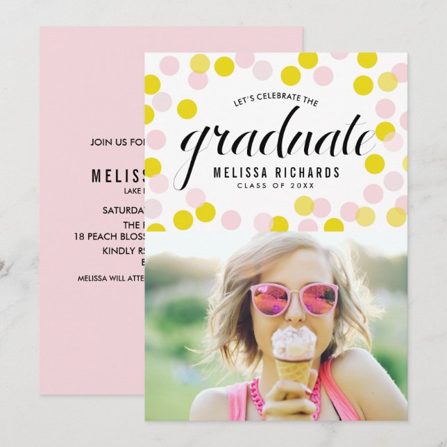 Rosa und gelbe Confetti Dots Foto Abschluss Einladung (Vorne/Hinten)