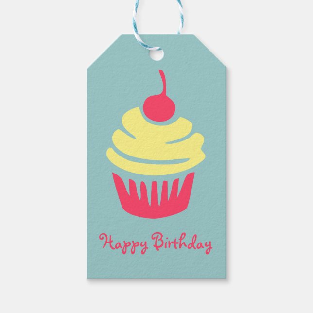 Rosa und gelbe Cupcake Cherry am höchsten Geburtst Geschenkanhänger (Vorderseite)