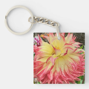 Rosa und gelbe Dahlia Akryllische Schlüsselring