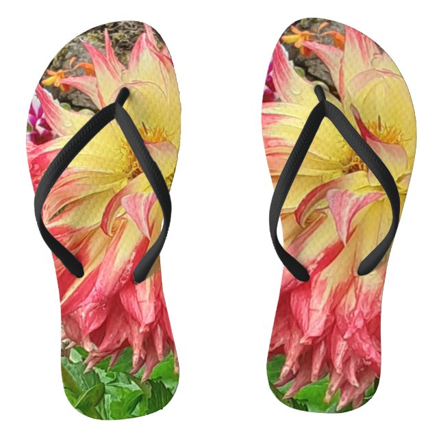 Rosa und Gelbe Dahlia Flip Flops (Fußbett)