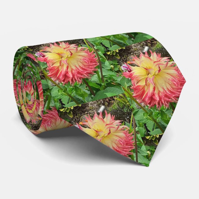 Rosa und Gelbe Dahlia Krawatte (Gerollt)