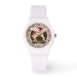 Rosa und gelbe Fantasieeinhorn; braune weiße Strei Armbanduhr